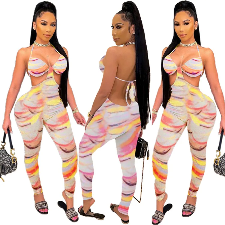 

Wholesale European and American women's summer new style irregular printing sling tube top sexy backless jumpsuit women's clothi, Picture