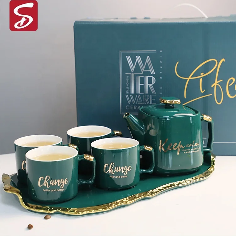 

SHARDON Custom Nordic Elegance Hand Painted Ceramic Porcelain Solid Color 6 Pcs Novelty Tea Set With Teapot