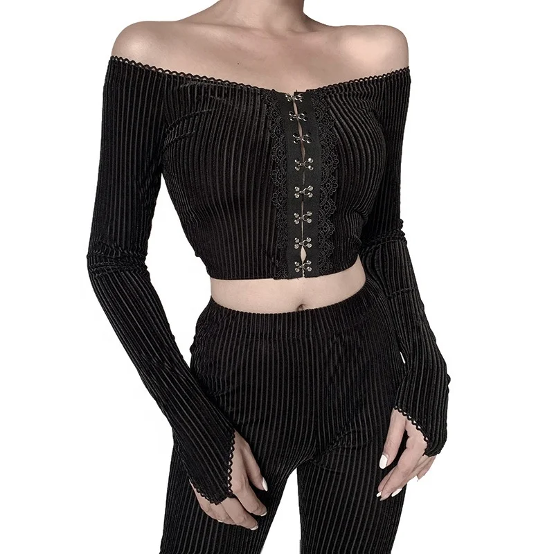 

B24283A Women's Crop top off- shoulder blouse black long-sleeved blouse