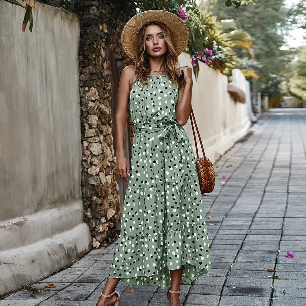 

green polka dot elegant lady vacation dress Women Summer Dresses new off-the-shoulder women dress, White,red,light green