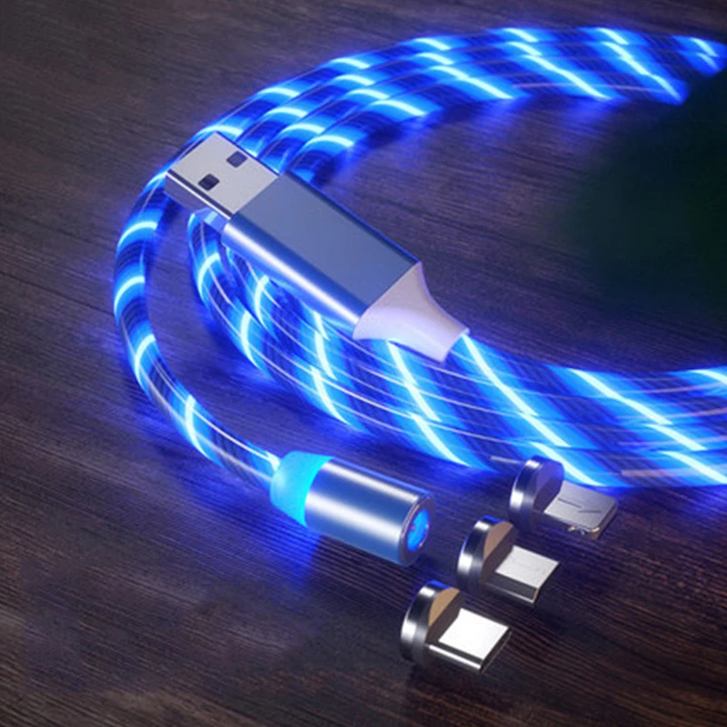 

Magnetic Fast Charging 3in1 Flowing Light USB Cable Phone Accessories Cable USB Led Luminous Micro Lighting Data Cables, Red/blue/green/colorful