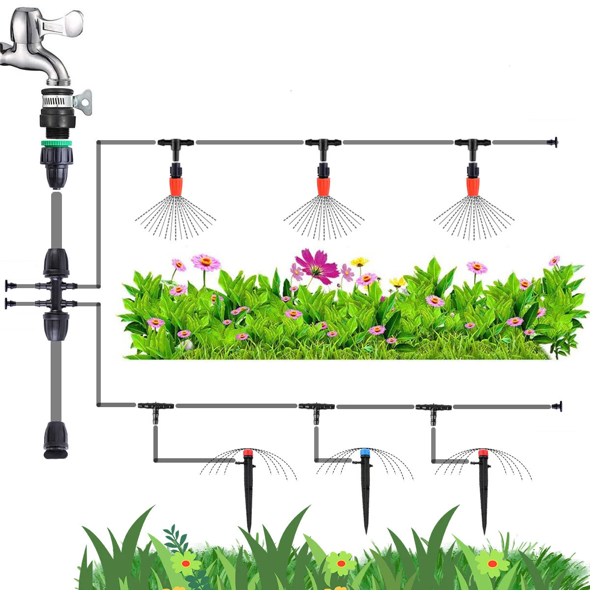 

242pcs Drip Irrigation Kits Garden Watering System Automatic Plant Watering Kit Misting Cooling System for Greenhouse Lawn, As shown