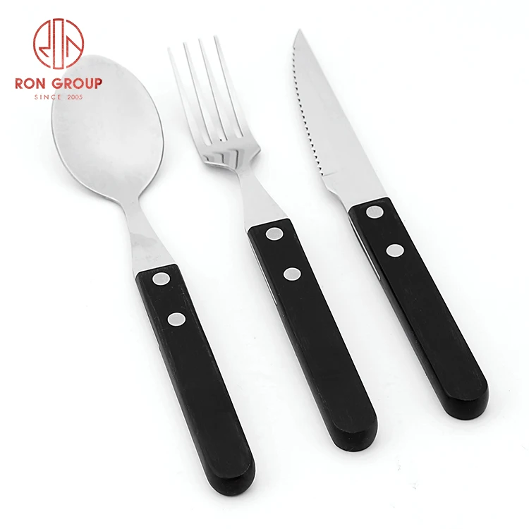 

Cheap price steak house use black handle cutlery set in stock, Customized