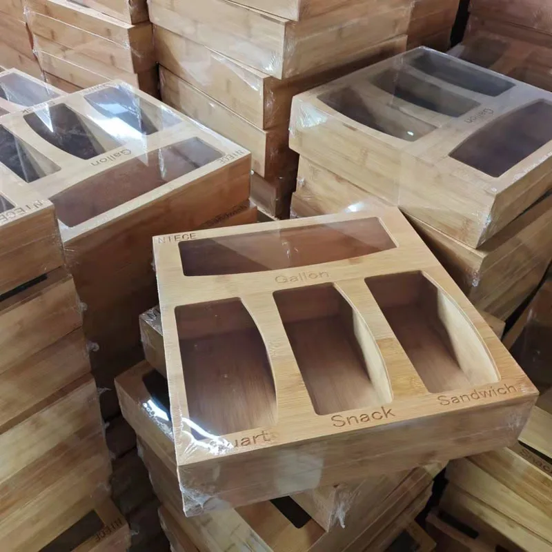 

Wall mounted bamboo ziplock bag storage organizer kitchen drawer organizer food bag storage