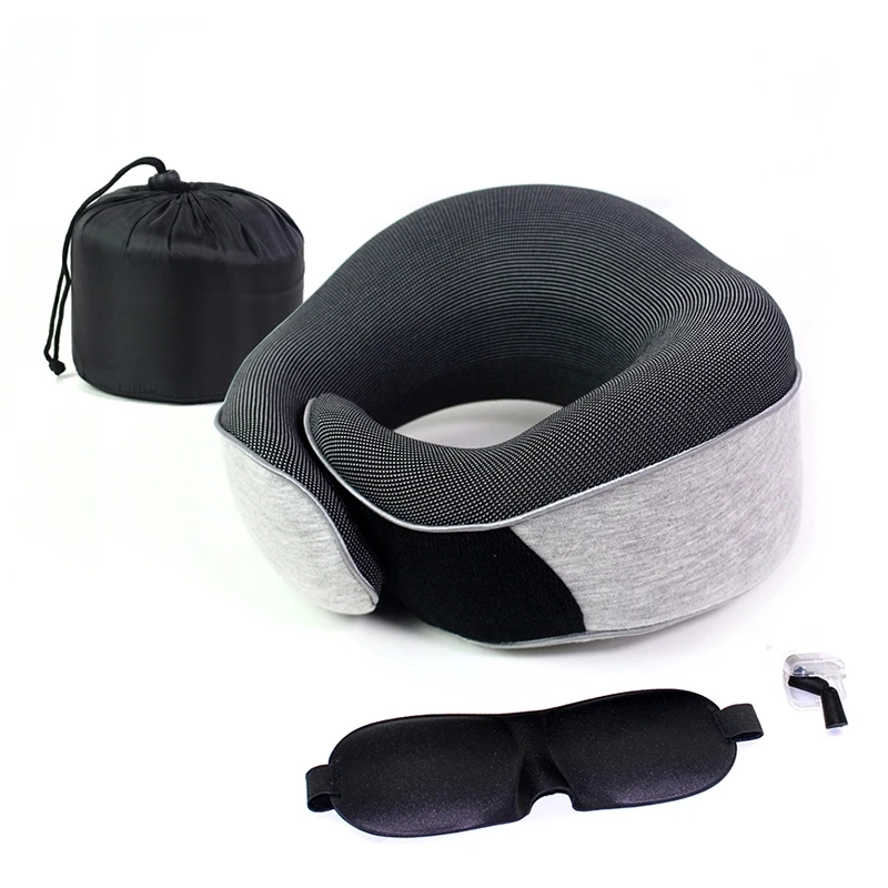 

Hypoallergenic Patent Ergonomic Design Memory Foam Relax Flexible Travel Neck Pillow 3 In 1 Set With Eye Mask