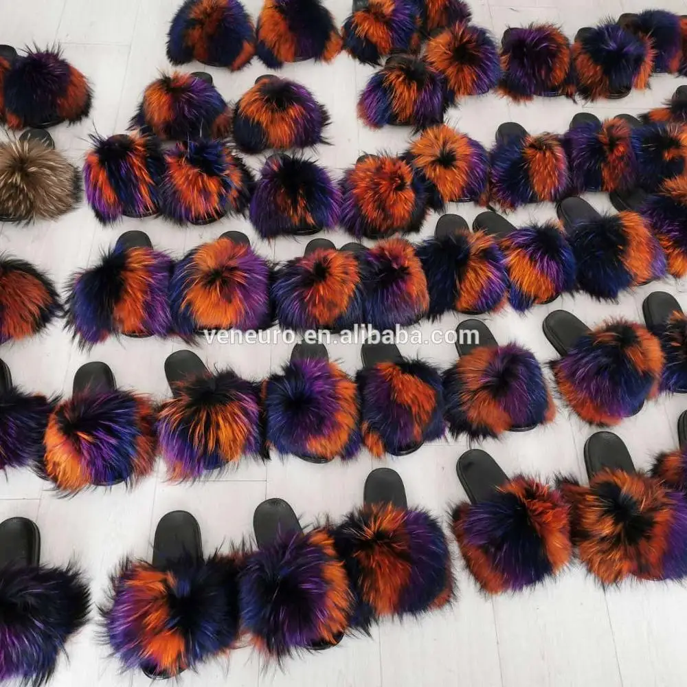 

Fashion Design Women Biggest Raccoon Fur Colorful Sandal Slides Whole Covered Soft Furry Slippers Natural Fur Slides, Customized color