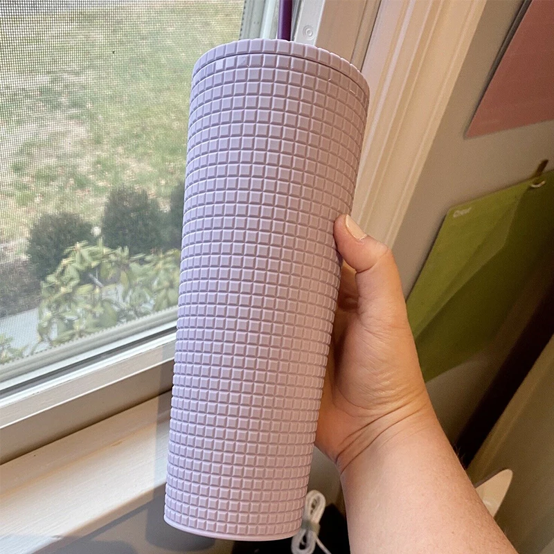 

2021 lilac matte grid studded reusable cold cups double wall plastic tumbler with lid and straw 24oz accept custom