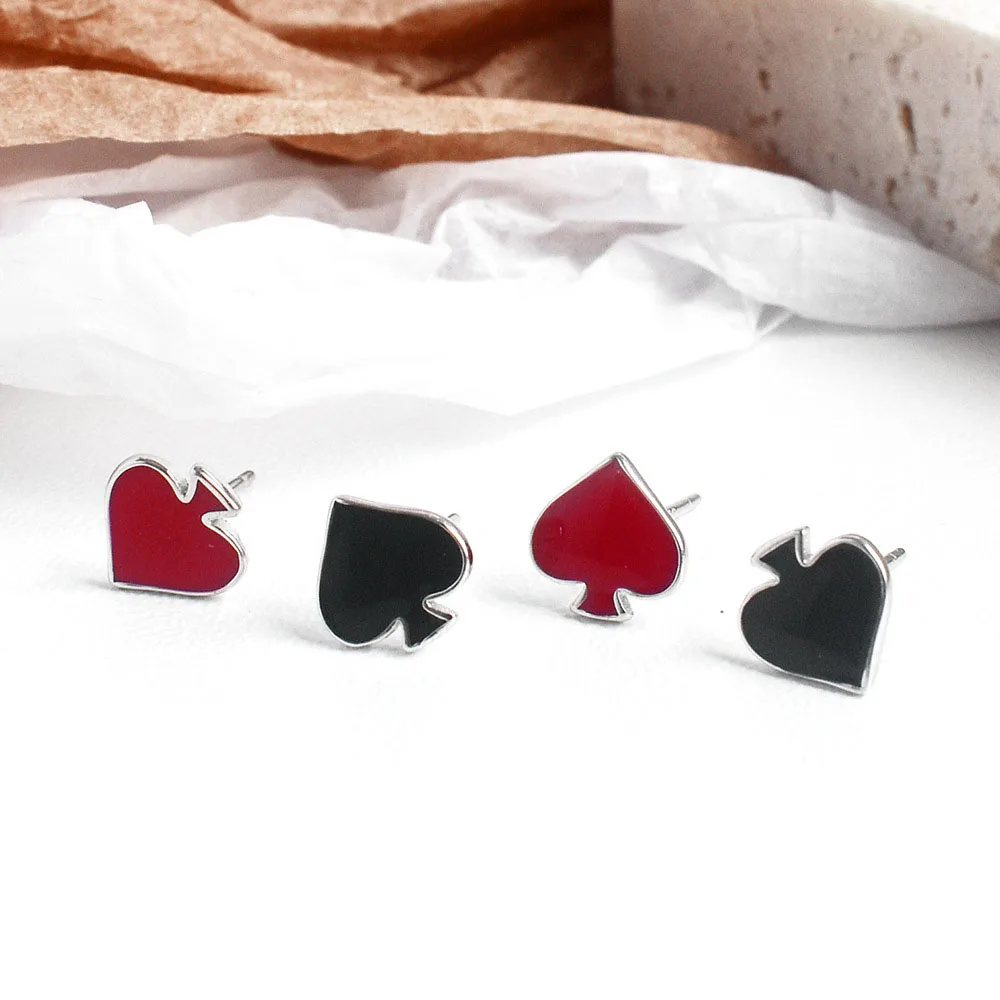 

Vintage Dainty 925 Sterling Silver Poker Spades hearts Enamel Stud Earrings