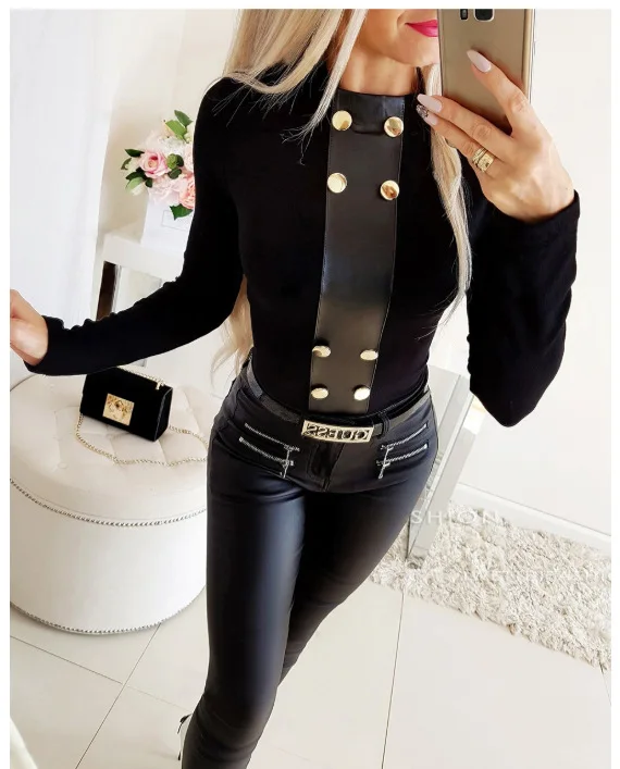 

New Design Fashion Fall Winter Casual Ladies Sexy Slim Solid Color Button Women Tops Tee
