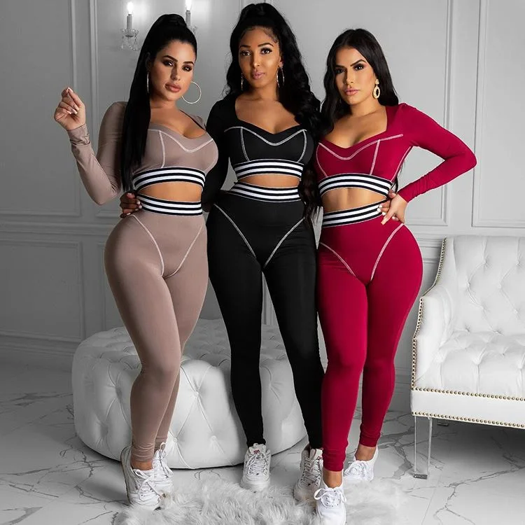

WW-0992 Women's Wear Tight Sports Yoga Splicing Striped Suit Patchwork Top Yoga Fitness 2 Piece Set Women Clothing, Customized color