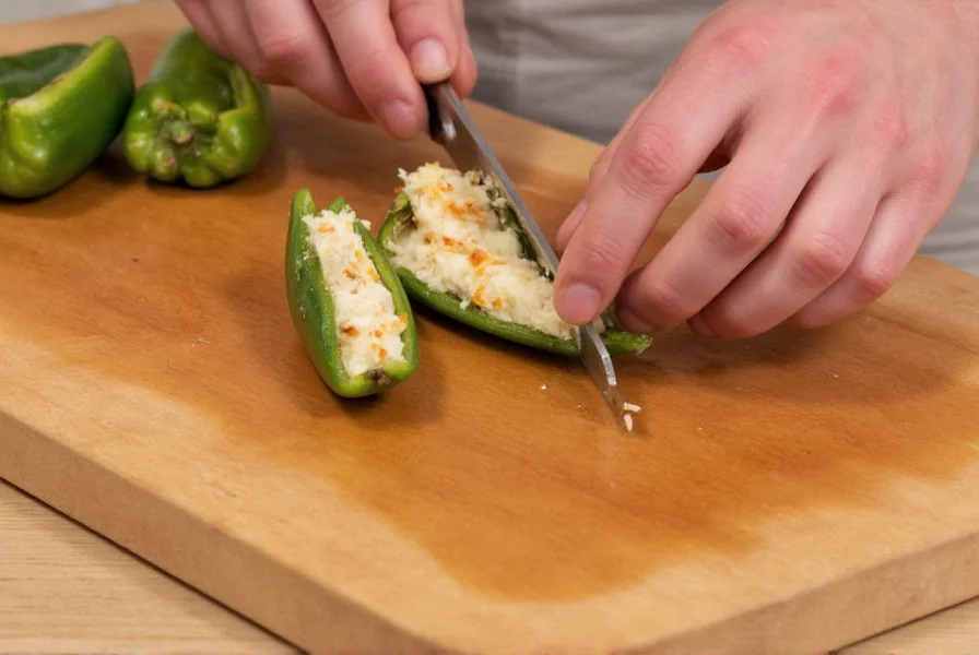 Close-up of hands carefully stuffing roasted poblano peppers with cheese mixture on wooden cutting board