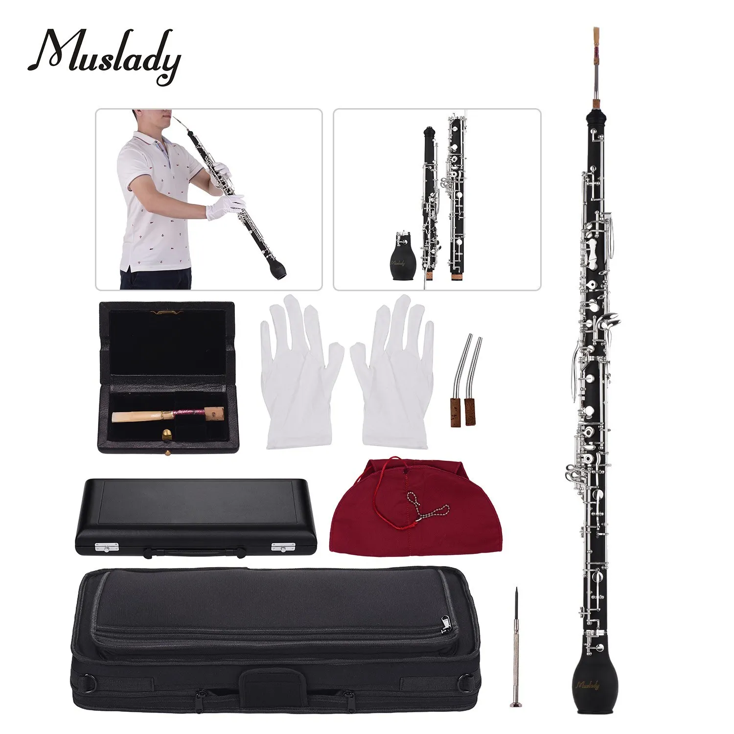 

Muslady Professional English Horn Alto Oboe F Key Synthetic Wood Body Silver-plated Keys Woodwind Instrument with Reed Gloves Cl