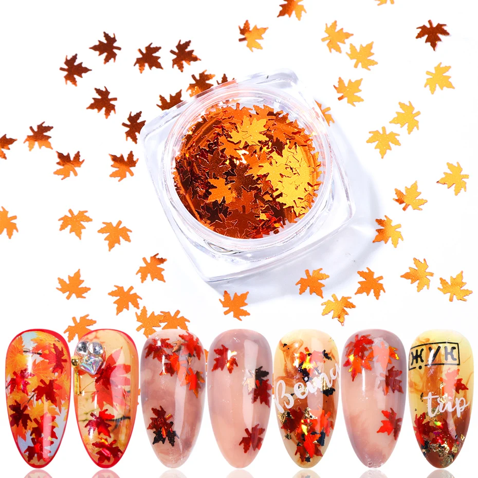 

1 Box Maple Leaf Sequins Flakes Laser Mirror Glitter Holographic Paillettes Fall Nail Art Design 3D Sticker Manicure TR1528, Gold, red, green, blue, laser,pink,purple,green nails glitter color