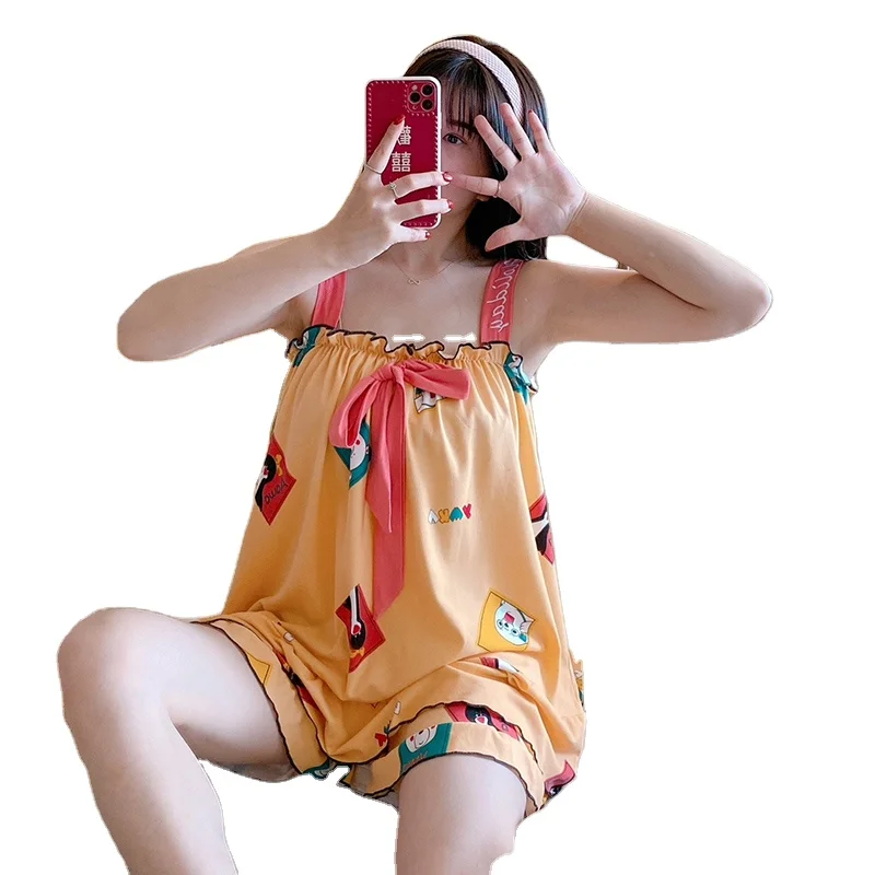 

Women High-quality sleepwear Sleeveless Sleepwear Shirt Girls Clothing Cartoon Cute summer suspenders cotton thin Pajamas
