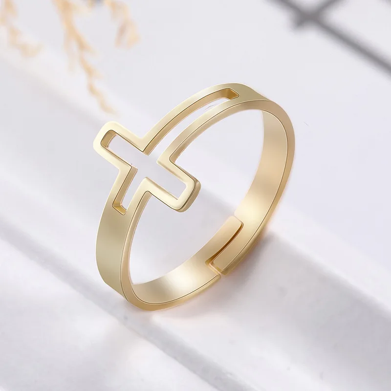 

Golden Hollow Jesus Cross Opening  Stainless Steel Rings Fashion Women Finger Jewelry New