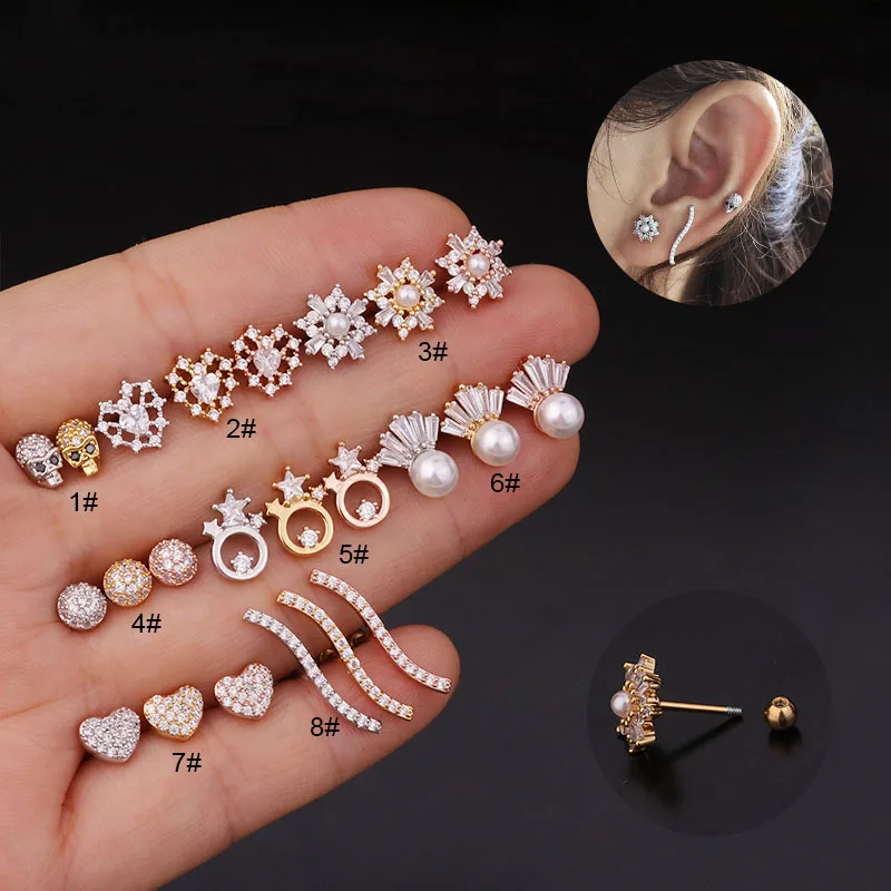 

New Latest Stainless Steel Barbell Heart Pearl Skull Cz Gemstone Helix Daith Lobe Conch Cartilage Piercing Stud Earrings, Silver / gold/rose gold