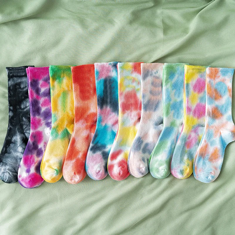 

JULY'S SONG Unisex Colorful Tie Dye Socks Autumn Winter Cotton Mid-calf Socks Fashion Street Skateboard Socks for Men Women