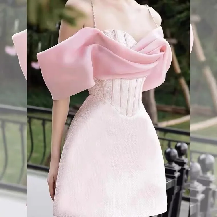 

Boutique Wholesale Niche Design Pink Waist Dress Female Summer 2022 New Ladies Temperament Suspender Dress