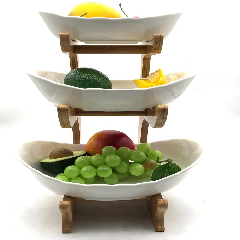 PLLXY 3 Tiers Fruit Basket Bamboo Stand Holder,Ceramic Countertop Fruit Dish Vegetables Candy Shelves Fruit Storage Basket-d 