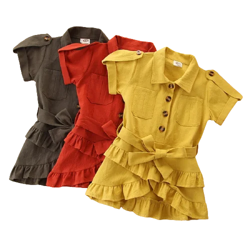 

Children summer 2021 solid color British style pocket button girls short sleeves tight waist casual dresses for wholesale, As pic shows, we can according to your request also