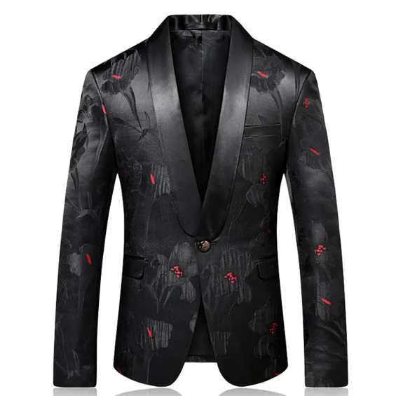

Embroidered Mens Floral Blazer Jacket Slim Fit Single Button Shawl Collar Male Stage Costume Wedding Men Blazer Pattern M-4XL