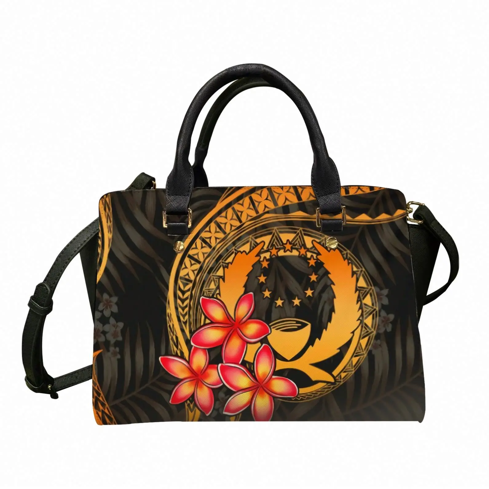 

Pohnpei Micronesian Pu Handbags for Women Gold Plumeria Pattern Leather Shoulder Bag with Shoulder Strap Tote Purses for Ladies, Accept custom made