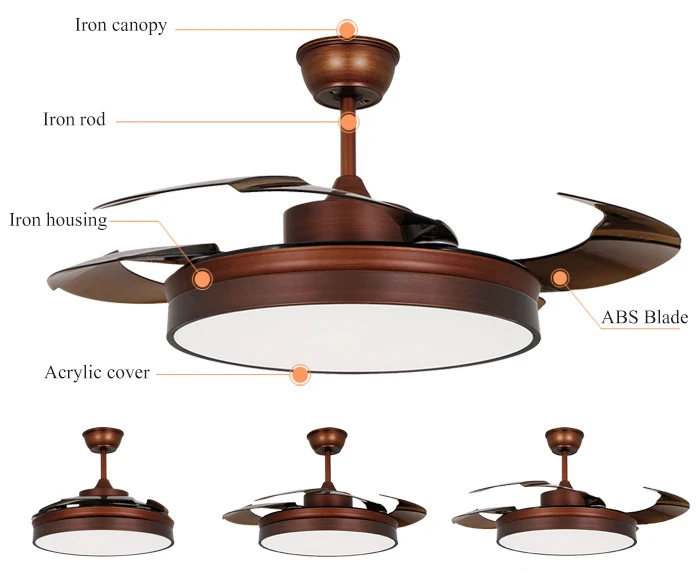 42" Hidden Blades Design Retractable Fan With Light Black Retractable