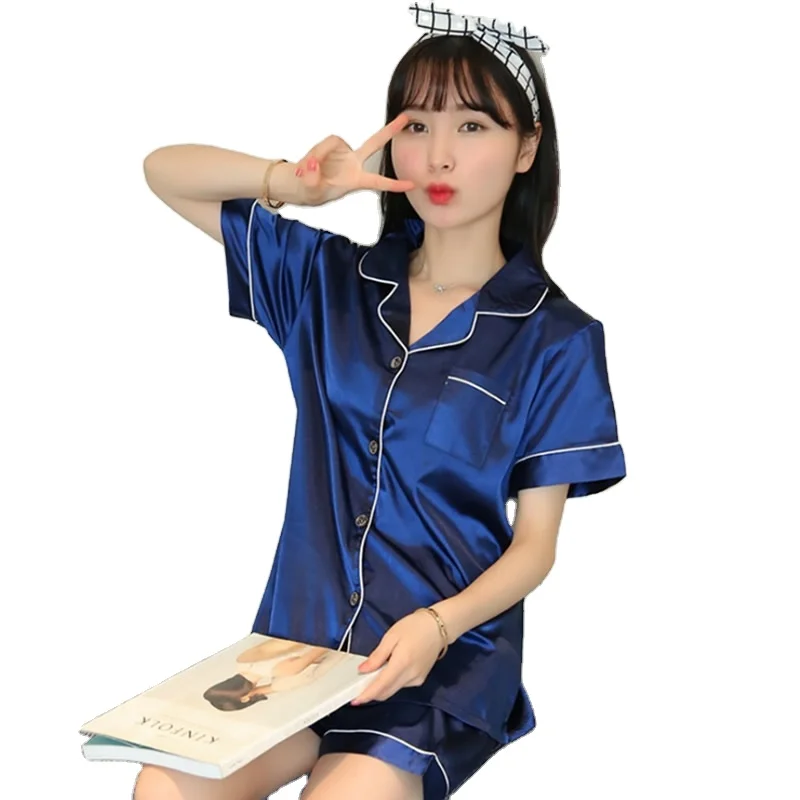 

Womens Silk Satin Pajamas Turn-down Collar Pyjamas short Sleeve Set Sleepwear Female Summer Pajamas 2Piece Set Loungewear Suit