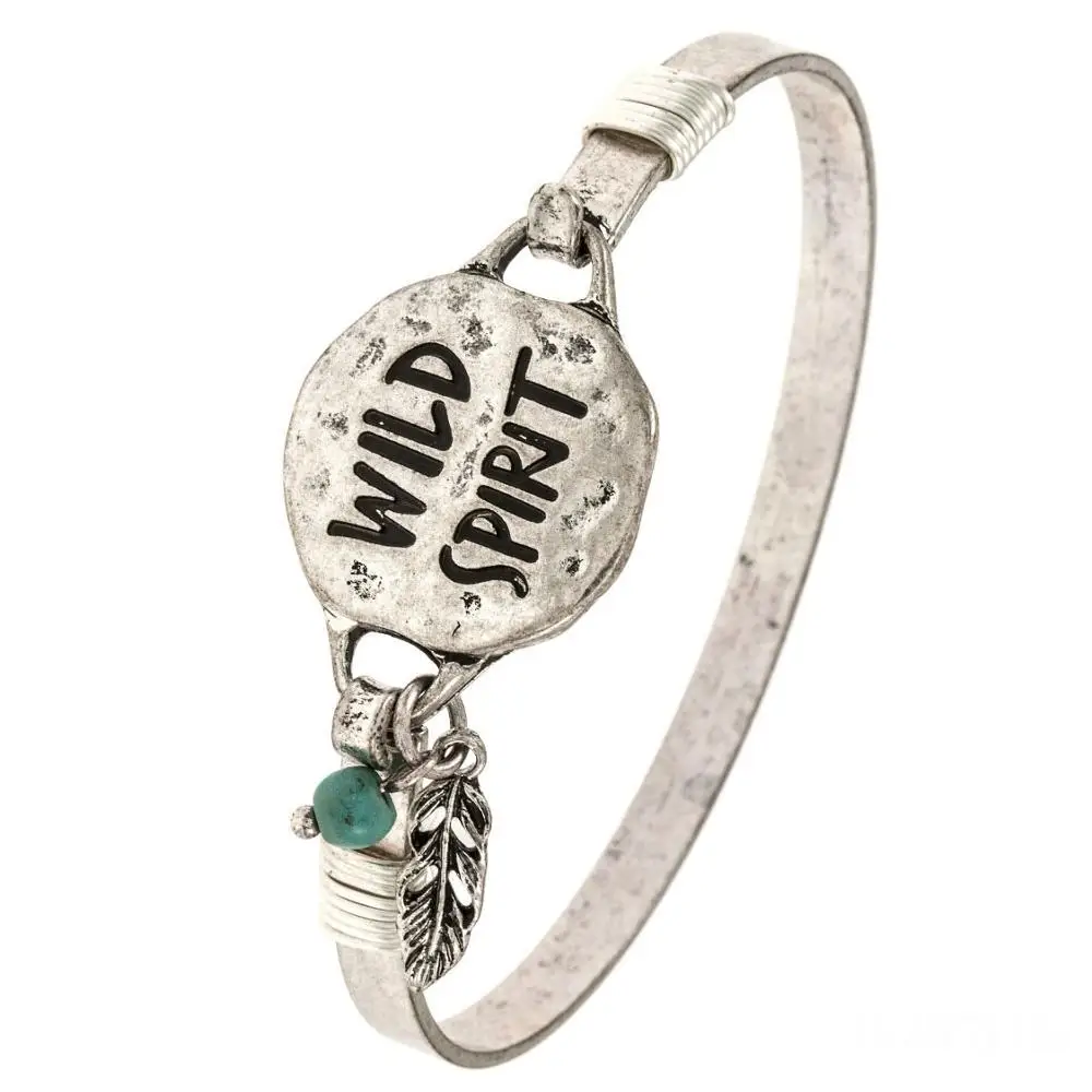 

Custom Wholesale Engraved Wild Spirit Leaf Charm Bangle Bracelet