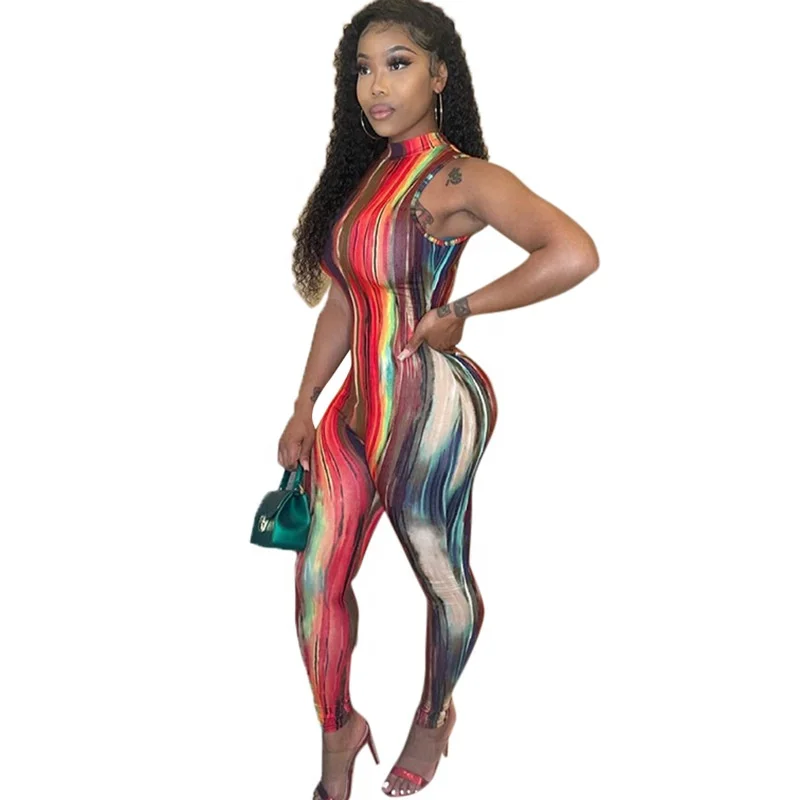 

MT120-228 2021 Summer New Arrivals Tie Dye Printed Sleeveless Casual Slimming Onesie Sports Rompers Women Jumpsuit