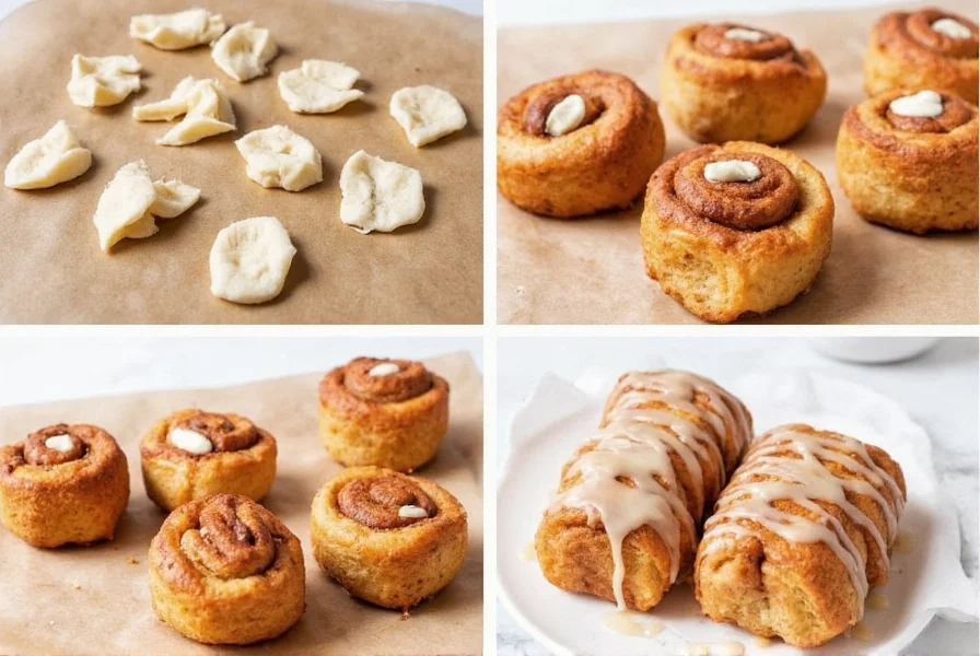 Step-by-step preparation of fried cinnamon rolls showing dough cutting, frying process, and finished product with icing drizzle
