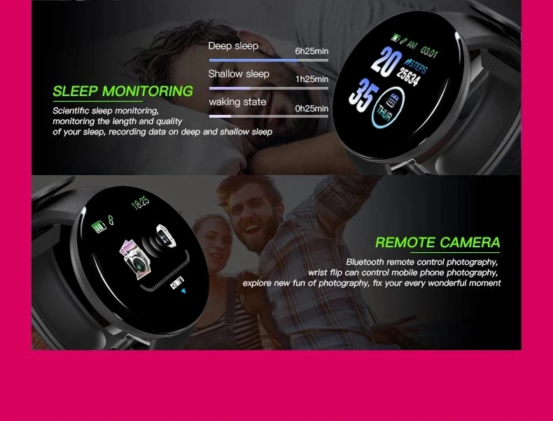 round touch screen smart watch heart rate monitor band bracelet blood pressure sport wrist fitness D18 smartwatch