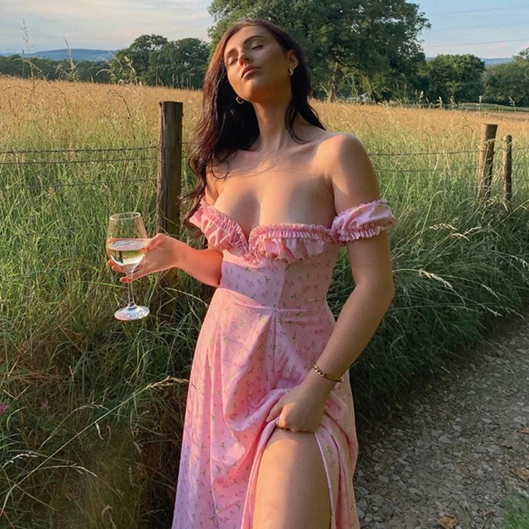 

Floral Print Ruffle Split Elegant Party Dresses Women Off Shoulder Dress Summer Dresses Casual Midi Vestido Pink, Pink/wine