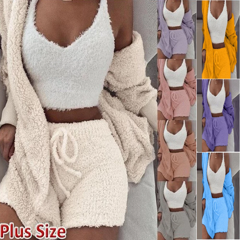 

New Arrival Winter Warm Sexy Women Plush 3 Pieces Pajamas Plus Size Sleepwear Sets, 8 options
