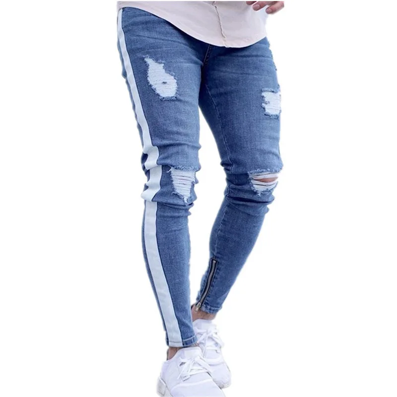 

Skinny Ripped Jeans Men Hip Hop Stripe Slim Fit Denim Pants Male Pencil Bottoms Street Knee Ripped Holes Jean Mens Y10755