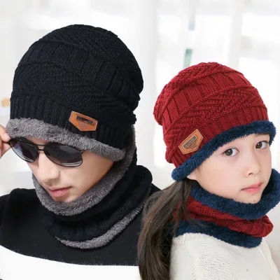 

Mens Womens Kids Winter Beanie Hat Scarf Set Warm wool knit hats beanie Thick Fleece Lined Winter Cap with Neck Warmer