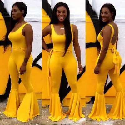 

CL-155 Stylish Solid Color One Piece Jumpsuits Fitness Sleeveless Yellow Blue Woman Cotton Jumpsuit, As picture show