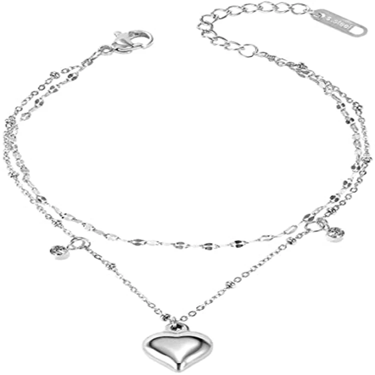 

Hot selling Silver Rose Gold Layered Heart Charm Adjustable Anklets
