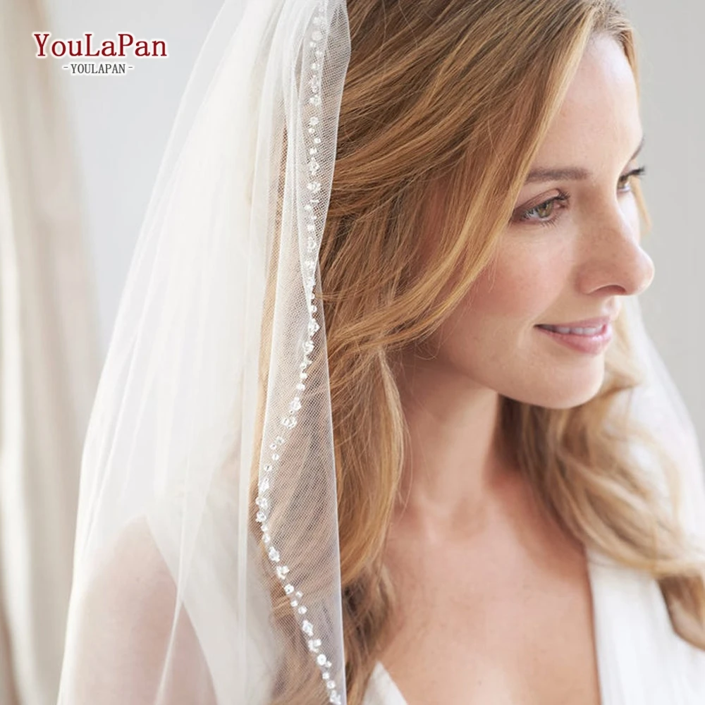 

YouLaPan V31 Simple And Elegant 90cm Long Soft Yarn Crystal Edge With Hair Comb Bridal Veil Short, White/ivory