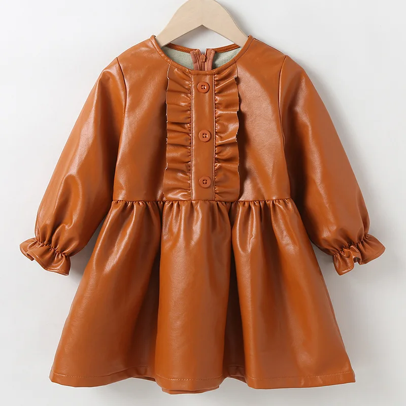 

2021 New Toddler Kid Girl Brown Black Faux Leather Ruffle Long Sleeved Dress 2-6 Years, As photo
