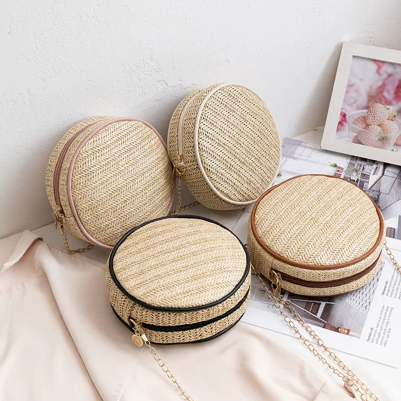 

2022 Summer Fashion Women Round purses and handbags Woven Ladies Straw Mini Tote Bags Retro Straw Beach Crossbody Shoulder Bag, 4 colors