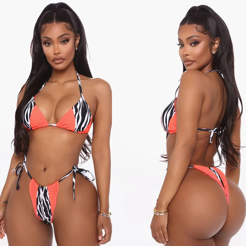 

New Zebra Print Swimwear Animal Print Swimsuit Lace Up Bikini Female Thong Swimwear for sale