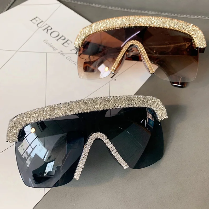 

1738 New Arrival Men One Piece Lens Women Oversize Semi-Rimless Square Diamond Sunglasses, 3 colors