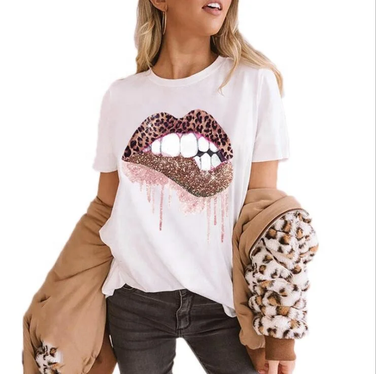 

New Arrival Women Tops Short Sleeve O-Neck Leopard Lips Tops, As picture shows