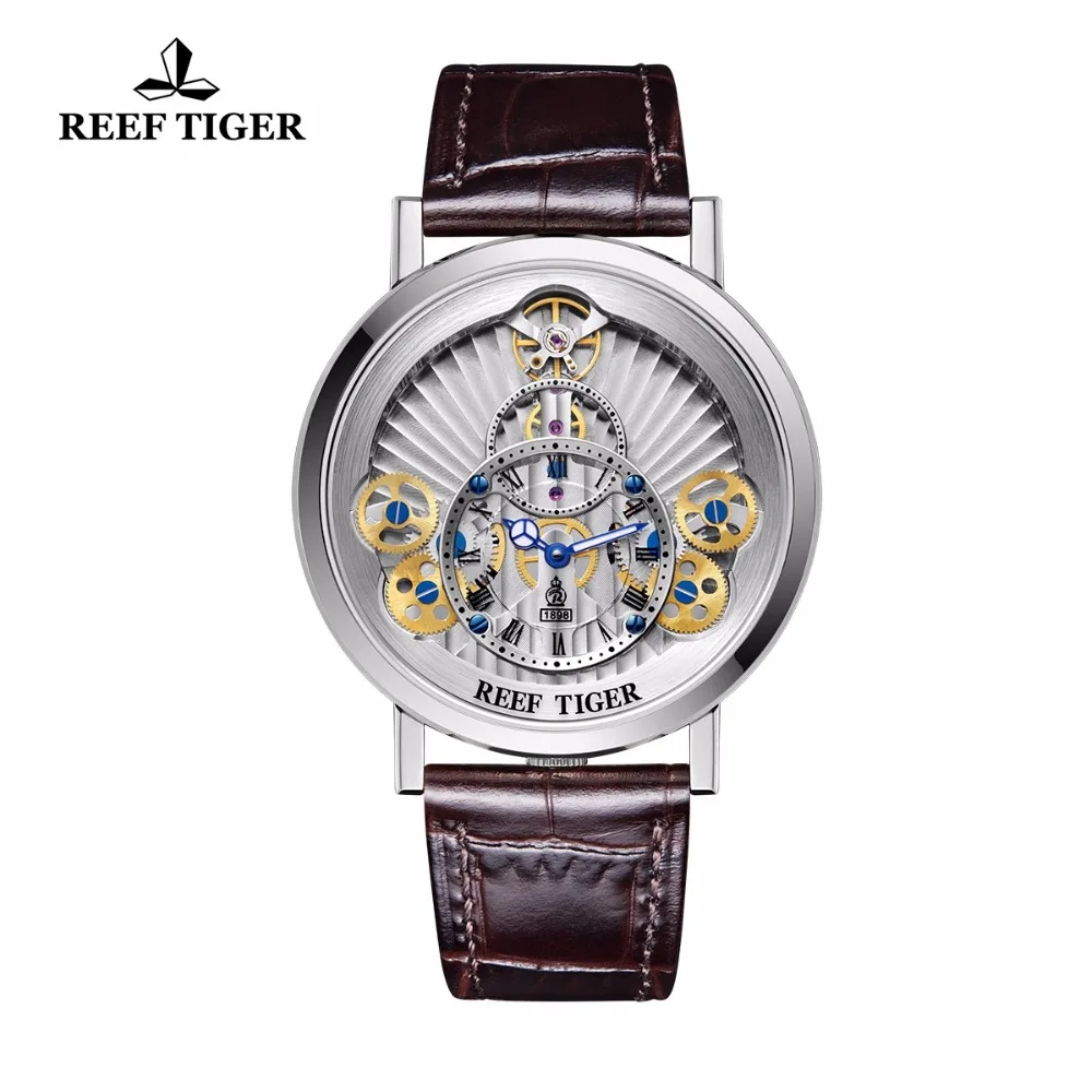 

Reef Tiger /Luxury Quartz Watches For Men Genuine Leather Strap Skeleton Unique Wristwatches Charming Watch RGA1958
