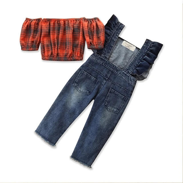 

Summer 2020 girly clothing children 2-piece plaid shirt top denim overalls children's clothing manufacturer, 1 colors