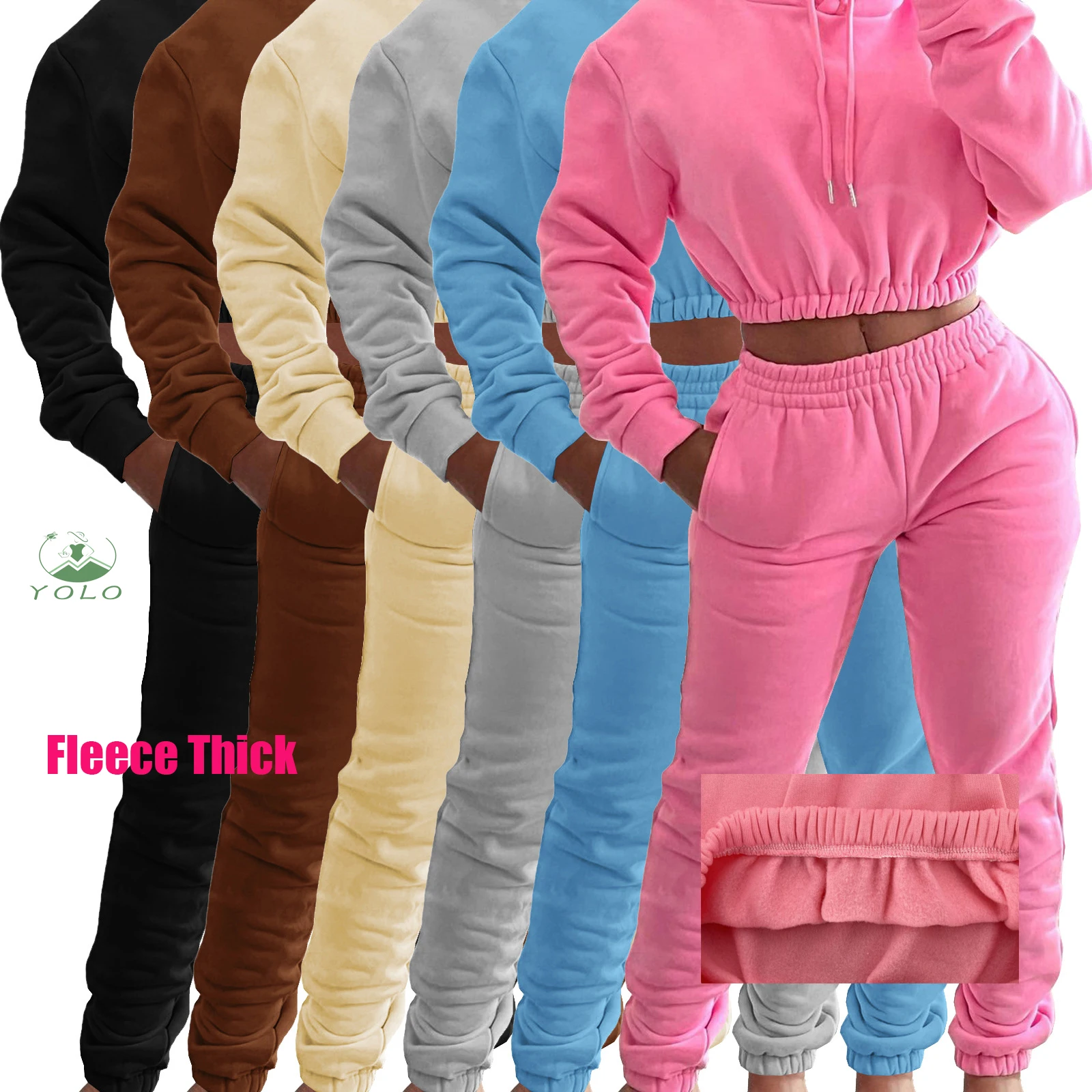 

Custom Fall Womens Winter Clothing 2021 Crop Top Thick Fleece Cotton 2 Two Piece Pants Set Jogging Sweatpants And Hoodie Set, Picture