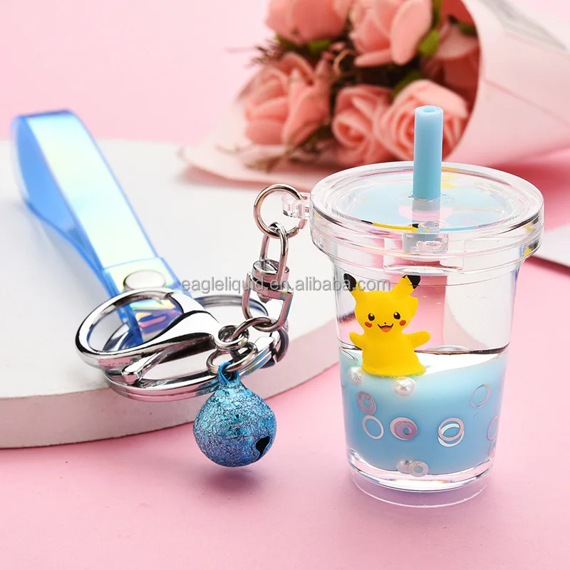 

Cute girl gift liquid float keychain milk tea cup pikachu boba keychain acrylic water floater keyring