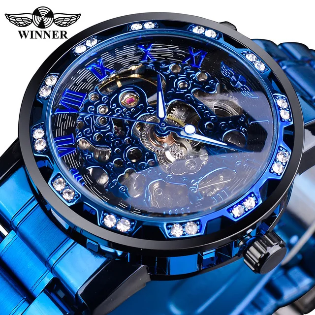 

Winner New Transparent Diamond Mechanical Watch Stainless Steel Skeleton Watch Top Brand Luxury Business Luminous Male Clock, 15-colors