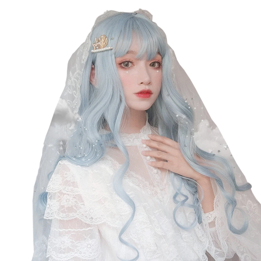 

Light Water Blue Long Curly Hair Harajuku Princess Sweet High Temperature Silk Cosplay Party Crazy COS Wig